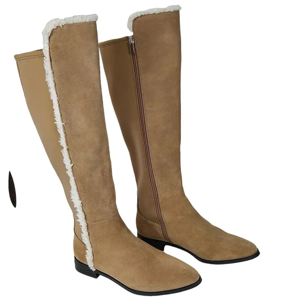 GILI beige leather suede knee high boots faux sheepskin trim 7.5